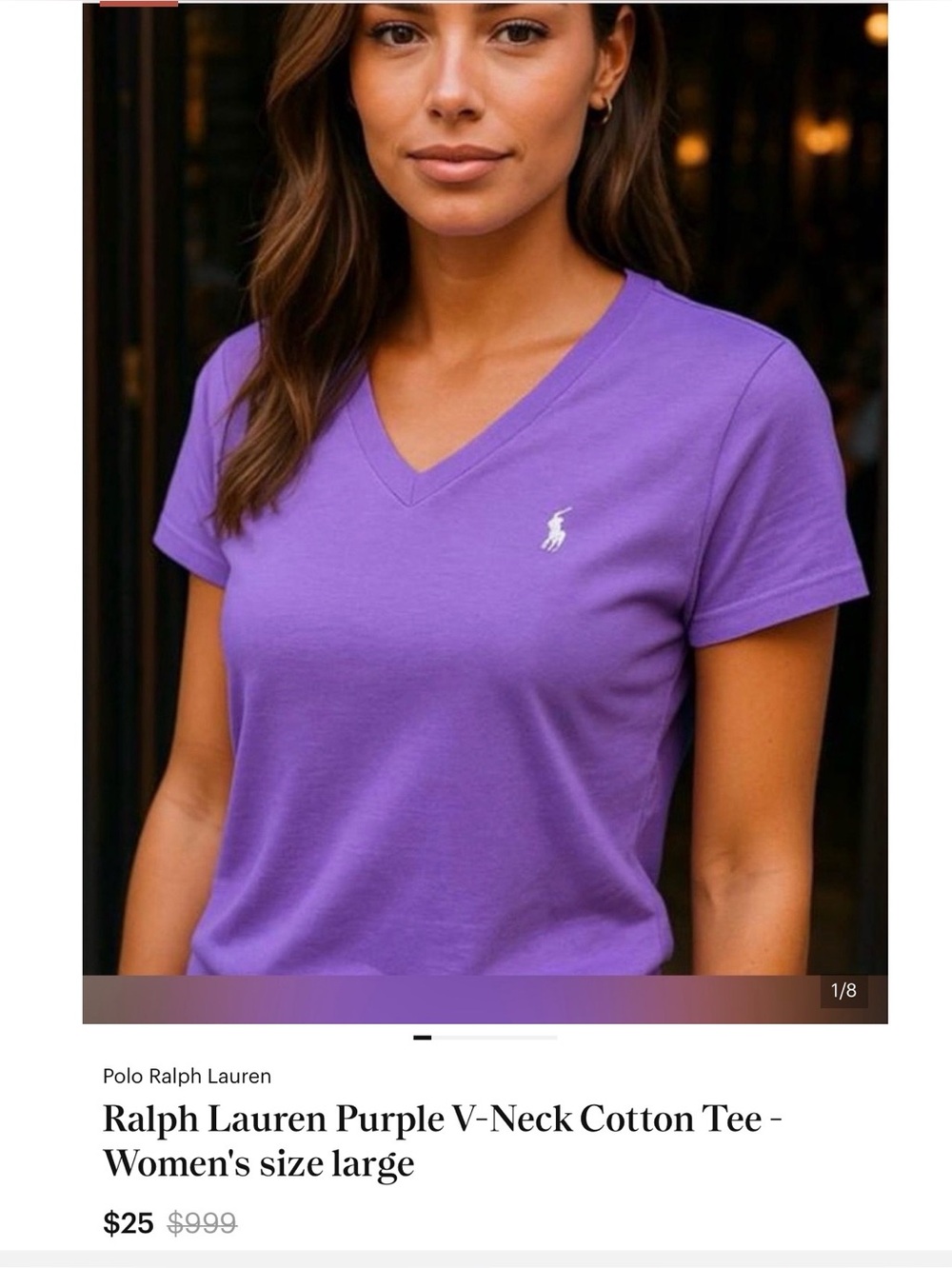 Ralph Lauren Purple V-Neck Cotton Tee - Women's size large